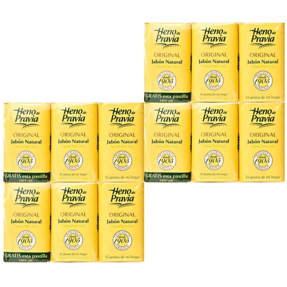Heno de Pravia soap collection showing 12 bars for family use