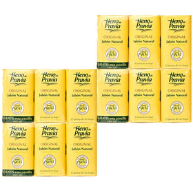 Heno de Pravia soap collection showing 12 bars for family use