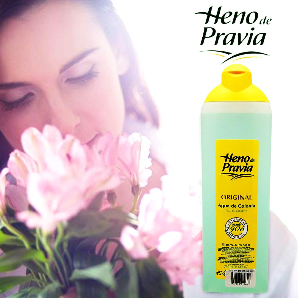 Heno de Pravia label closeup highlights eco-friendly formula and long-lasting scent.