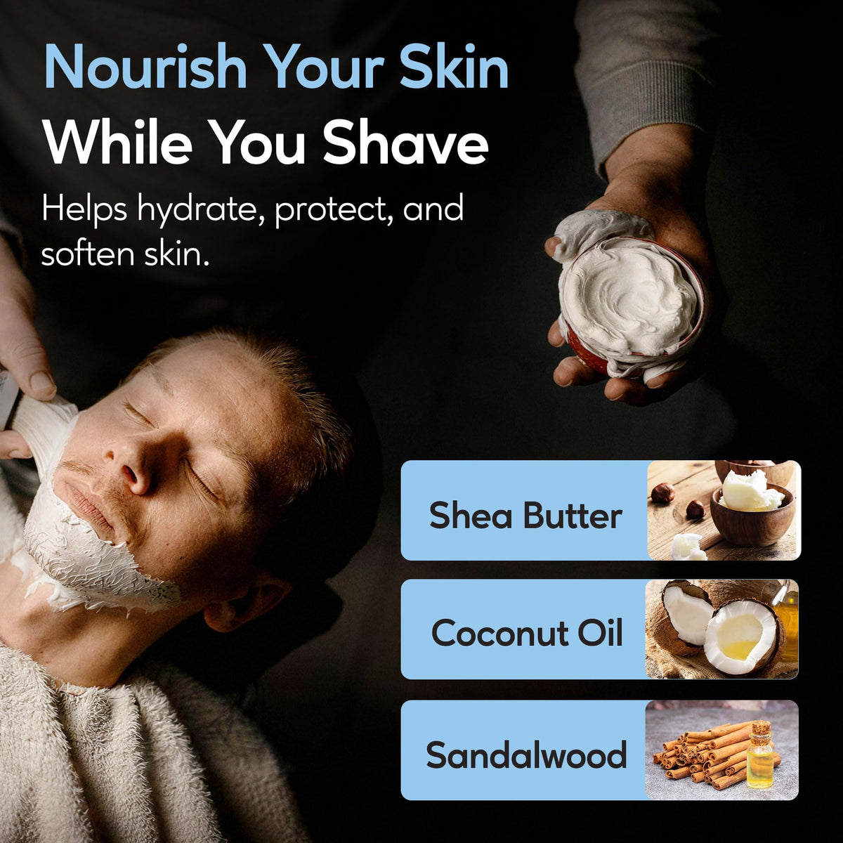 Henry Cavendish coconut oil enhances lather for slip and moisture.