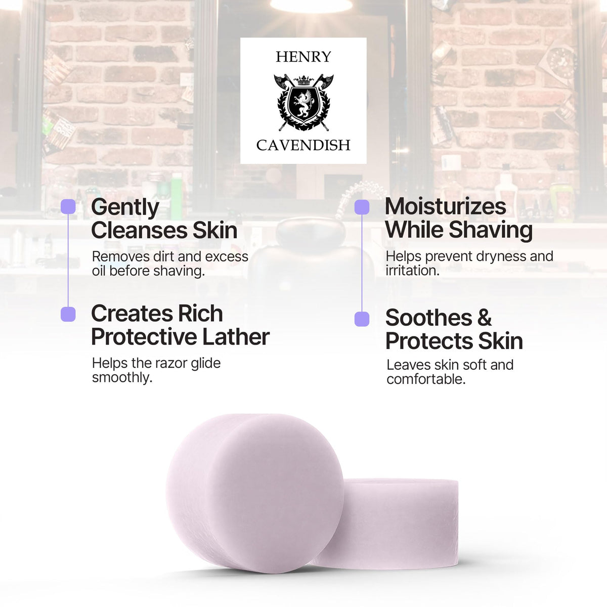 Henry Cavendish soap enriched with shea butter nourishes and softens the skin during shaving.