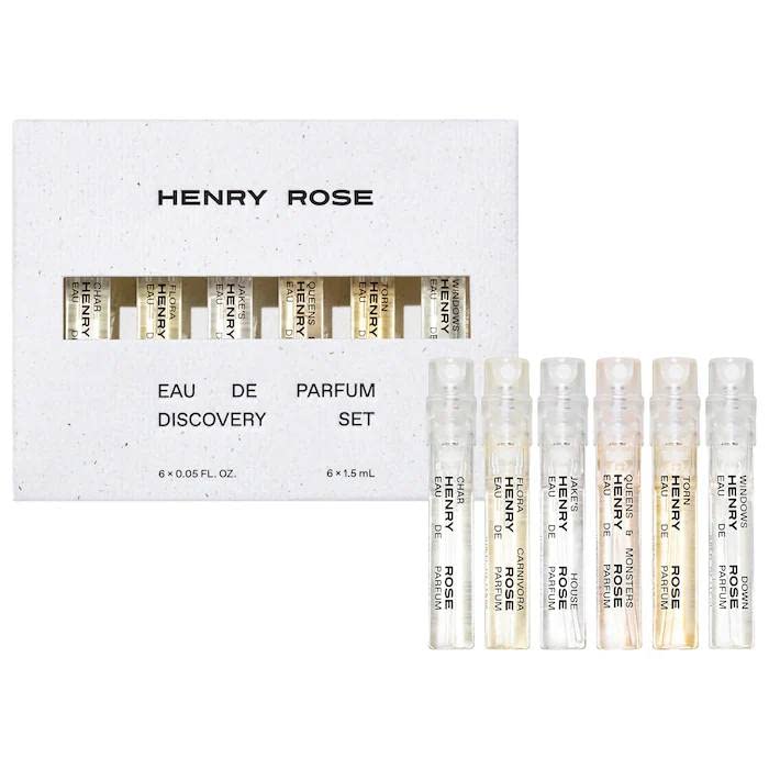 Henry Rose Eau de Parfum Discovery Set bottle with six genderless fragrances for exploration.