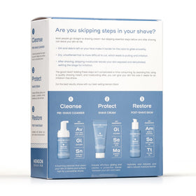 Henson shaving set packaging image with compact travel bottles.