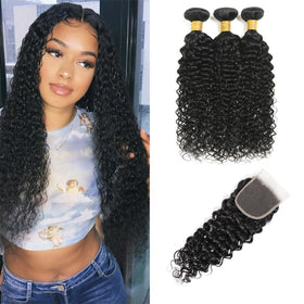 hensucess water wave bundles with closure closeup shows natural blend and soft texture.