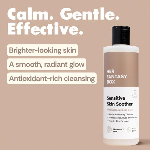 Her Fantasy Box bottle closeup emphasizes a fragrance-free formula for sensitive skin.