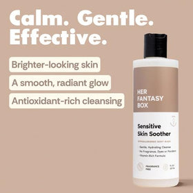 Her Fantasy Box bottle closeup emphasizes a fragrance-free formula for sensitive skin.