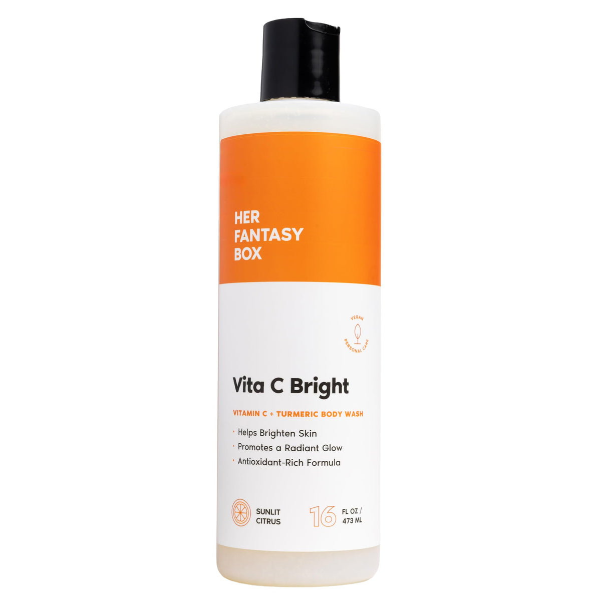 Her Fantasy Box Vita C Bright Turmeric Body Wash bottle for refreshing cleanse and radiant skin