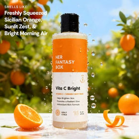 Her Fantasy Box Vita C Bright Turmeric Body Wash pump dispenser for easy daily use