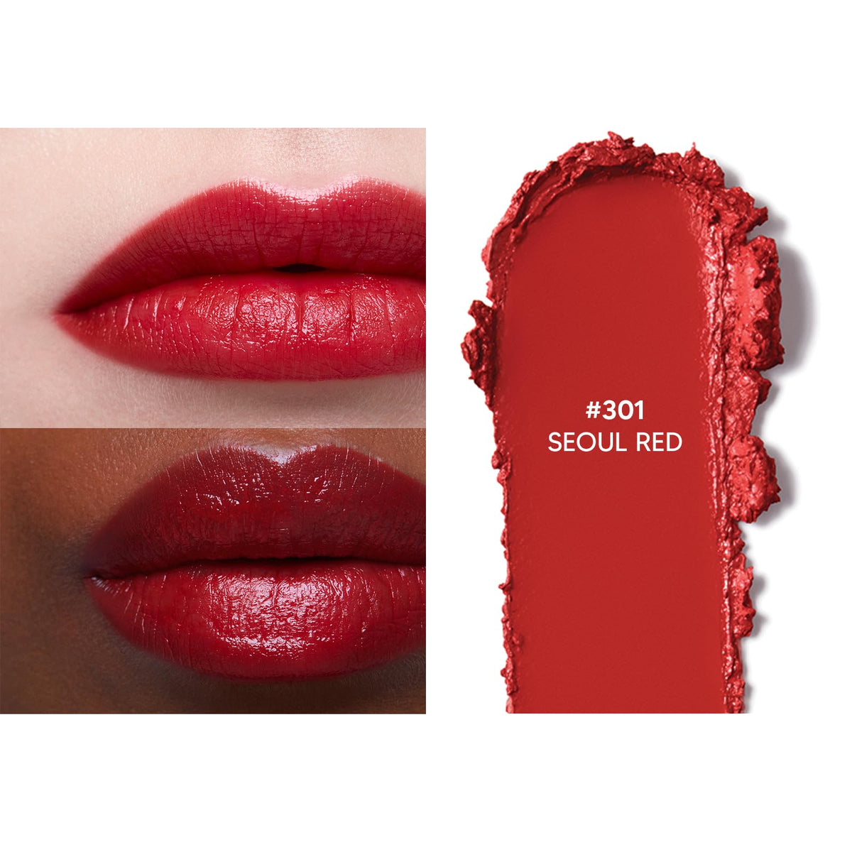 HERA Rouge Classy Lipstick #301 Seoul Red applied on lips displays luminous velvety finish.