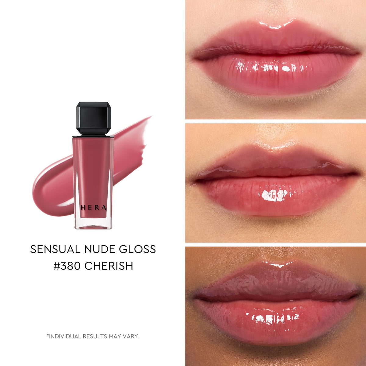 HERA gloss swirls 380 Cherish demonstrating non-sticky glide