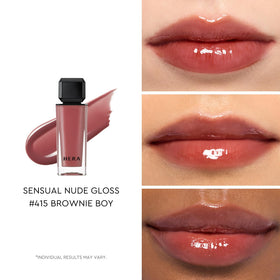 HERA Sensual Nude Gloss Brownie Boy swatches show MLBB depth and warm tones.