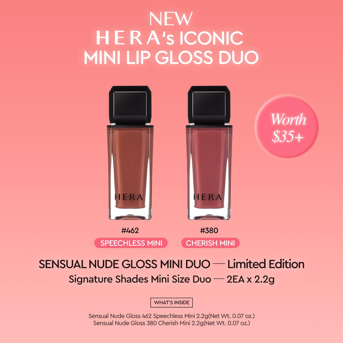 HERA Sensual Nude Gloss Cherish mini box highlights radiant gloss and hydration