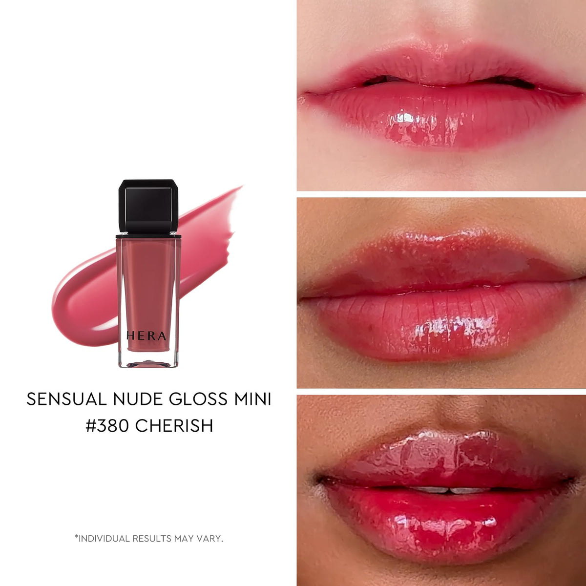 HERA Sensual Nude Gloss sheer-glossy finish swatch highlights natural lip enhancement