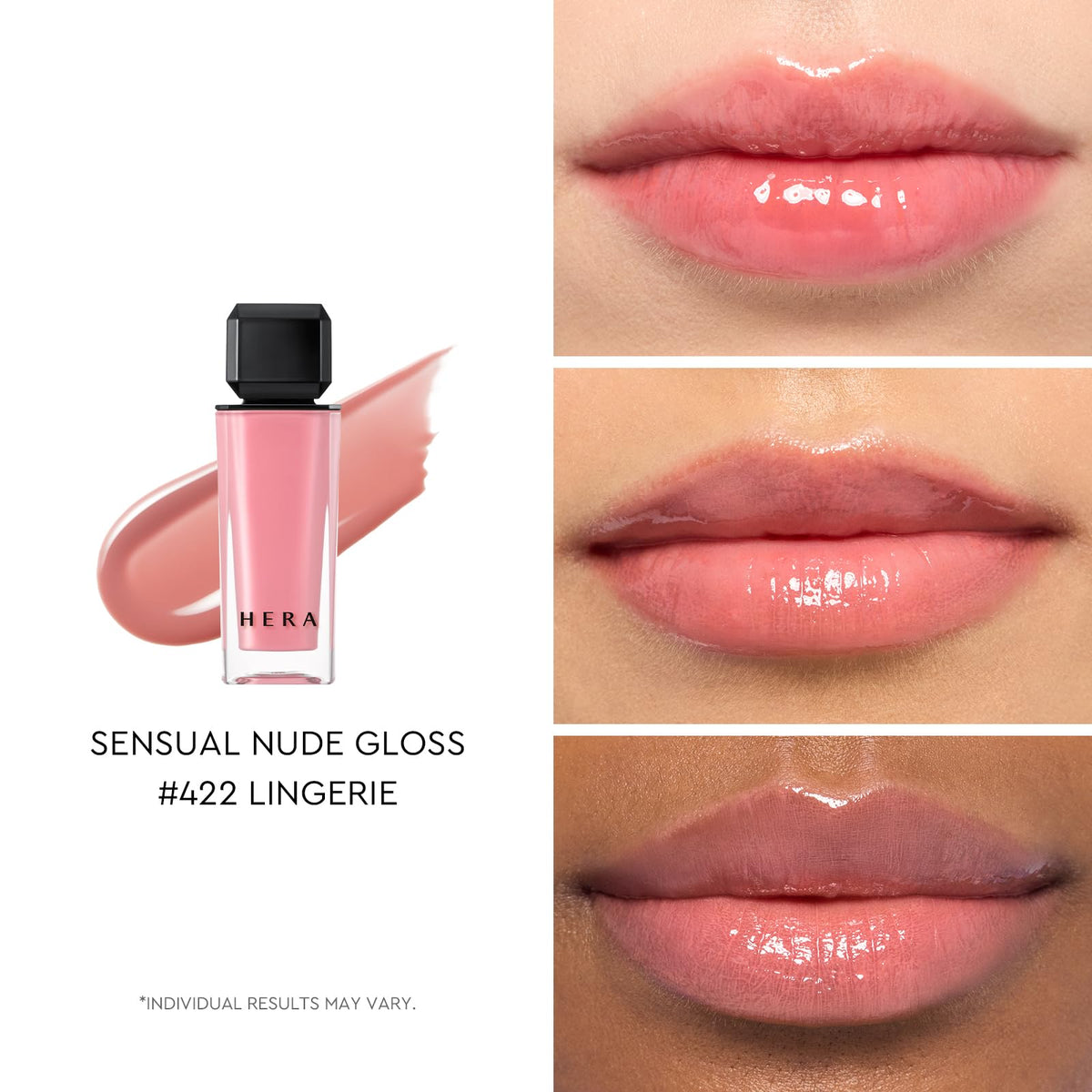 HERA Sensual Nude Gloss wand application for smooth, non-sticky wear.