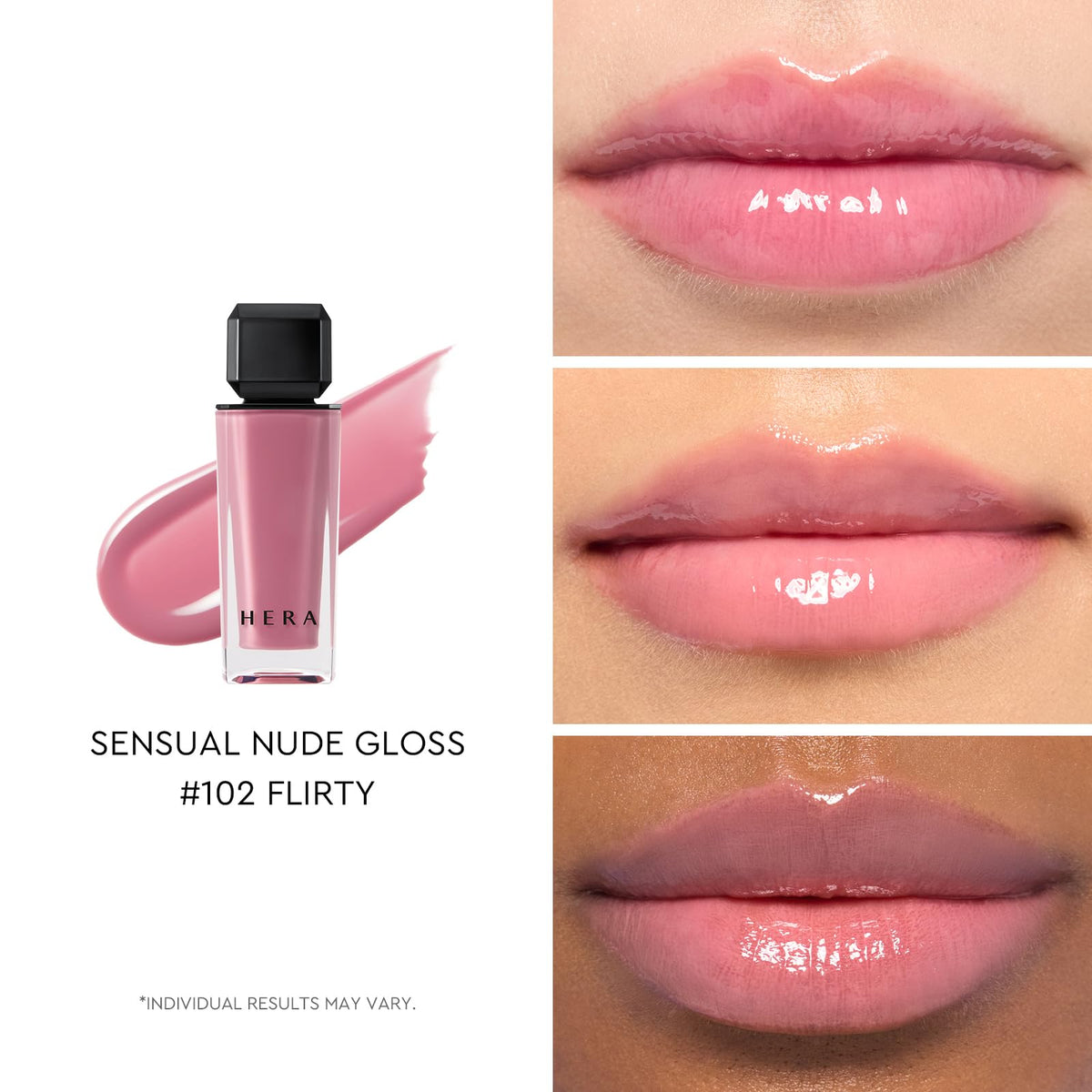 HERA Sensual Nude Lip Gloss 102 Flirty swatches reveal MLBB shade with soft color.