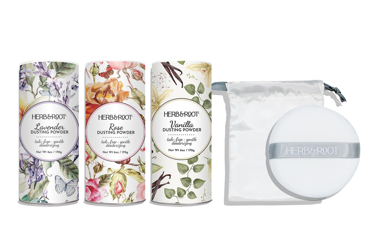 Herb & Root lavender body powder gift set with puff for silky fragrance and easy application