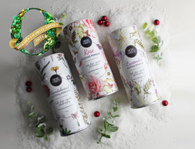 Herb & Root rose body powder gift set with puff delivers gentle floral scent and dry-skin feel