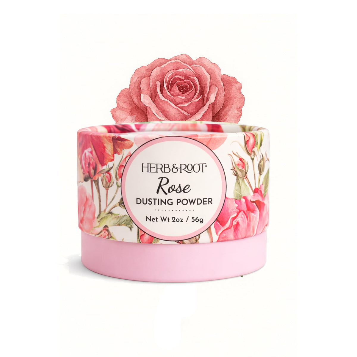 Herb & Root Rose Dusting Powder bottle for on-the-go talc-free freshness.