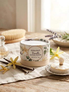 Underarm application of Herb & Root vanilla dusting powder for comfort