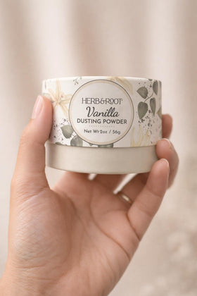 USA-made, small-batch Herb & Root vanilla dusting powder packaging