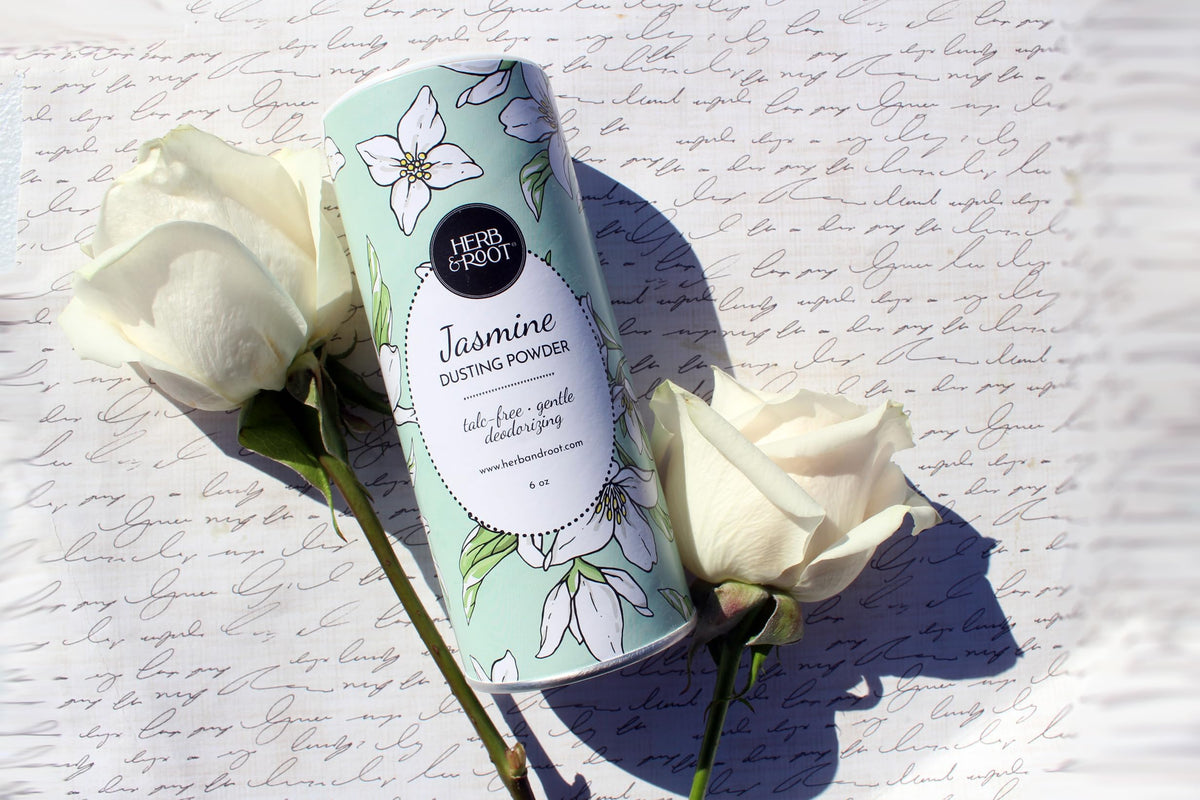 Herb & Root Vanilla Dusting Powder with light, comforting scent on skin
