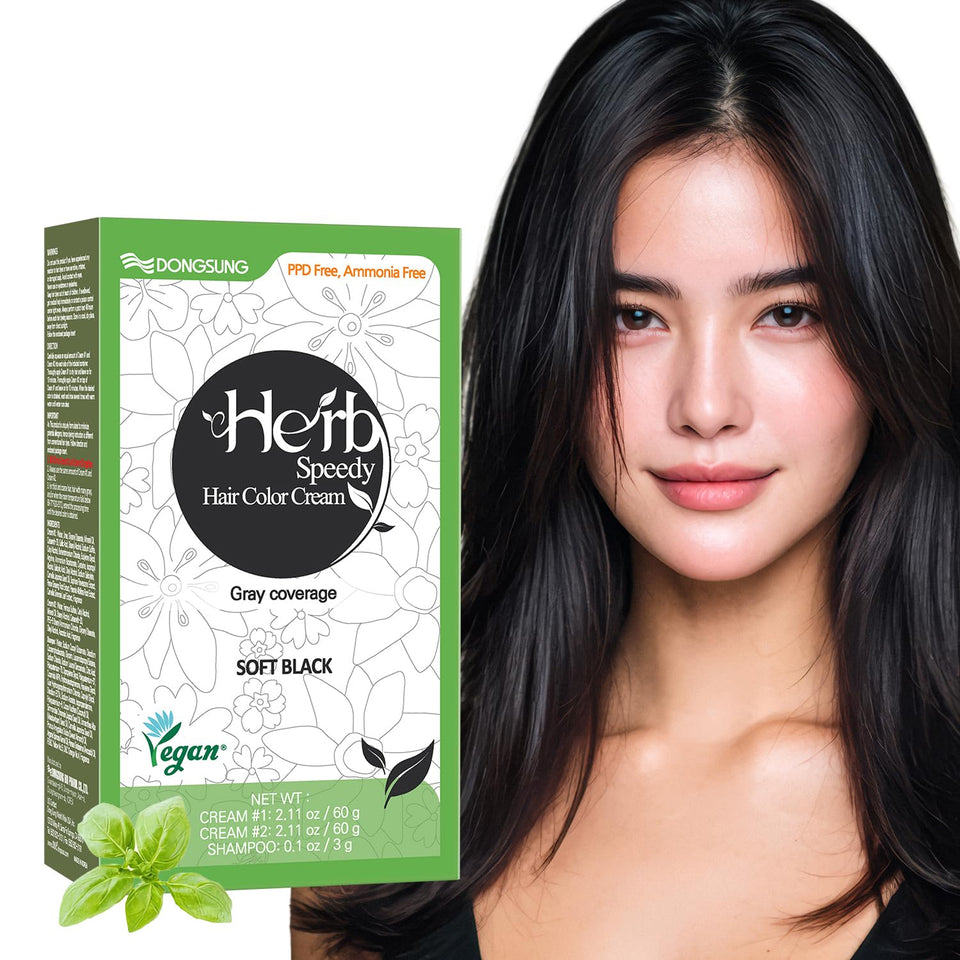 Herb Speedy Soft Black color cream packaging showing vegan, hypoallergenic dye option.