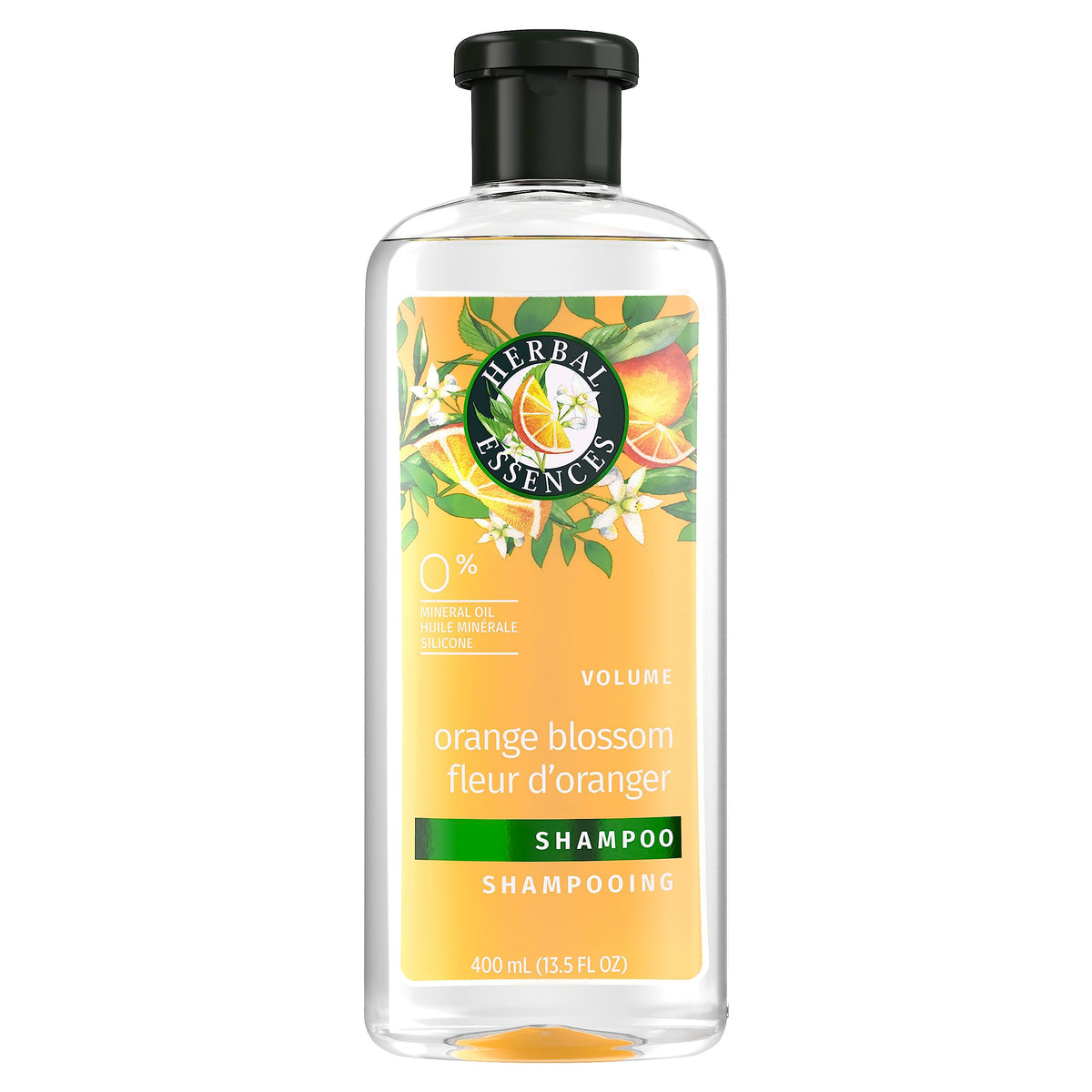 Herbal Essences Orange Citrus Blossoms shampoo bottle front showing volumizing action and fresh scent