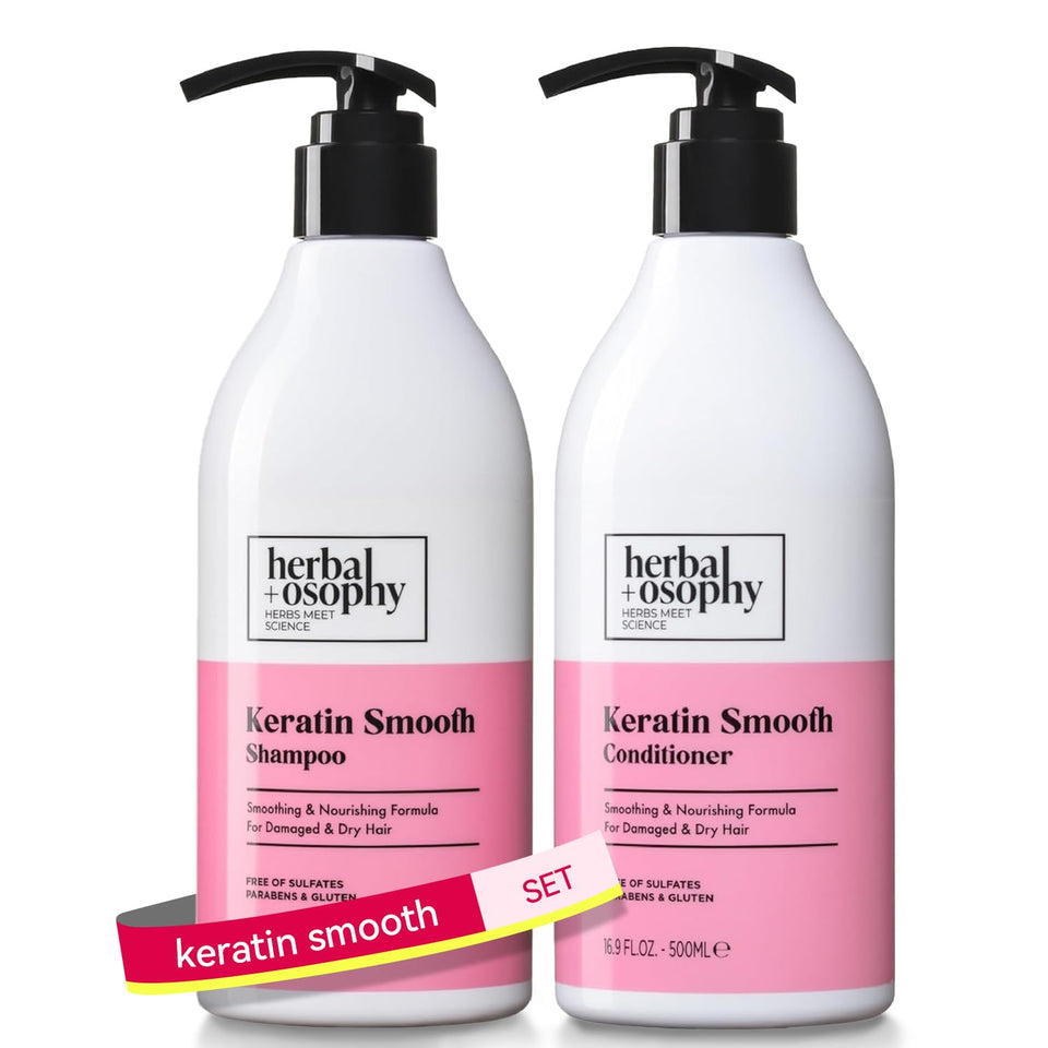 Herbalosophy keratin shampoo bottle highlighting nourishing formula for damaged hair