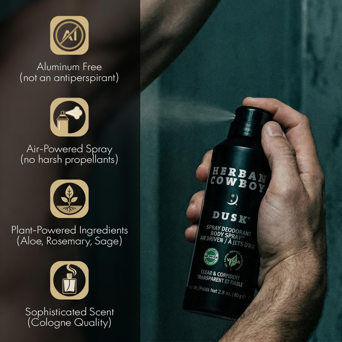 Herban Cowboy Dusk bottle angled to highlight sleek design and quick-dry formula.