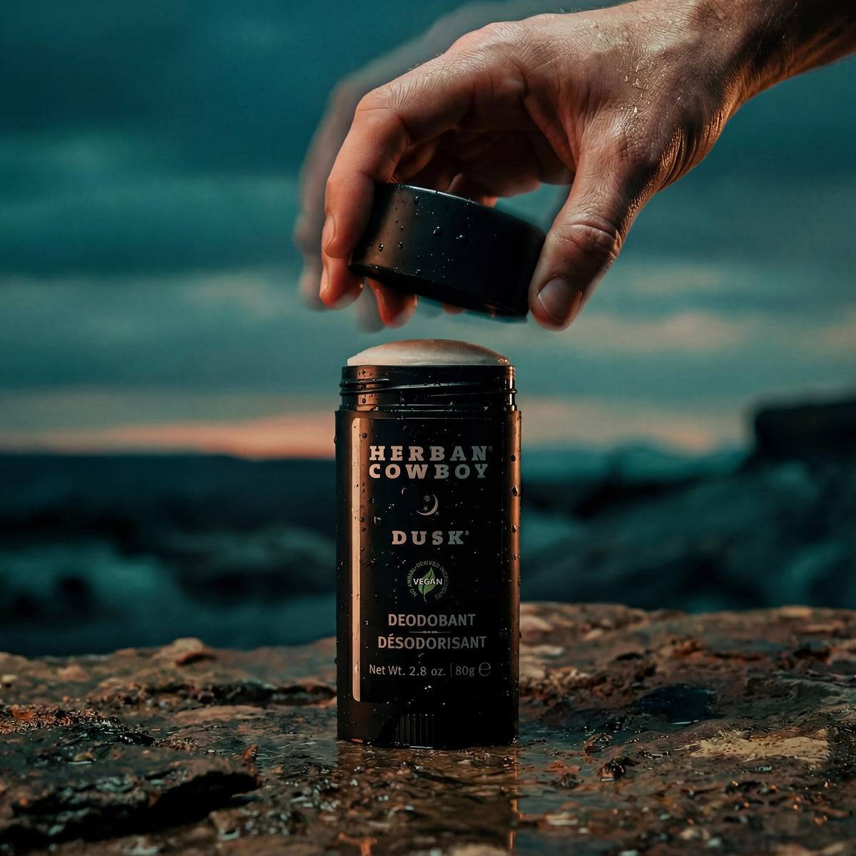 Herban Cowboy Dusk label emphasizes aluminum-free, plant-powered protection