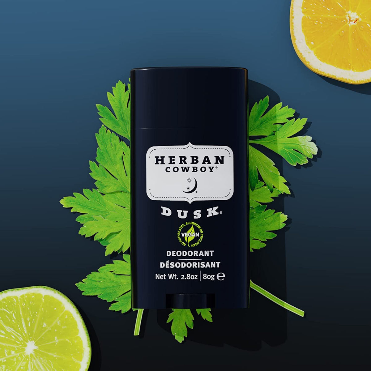 Herban Cowboy DUSK deodorant stick in focus for daily use.