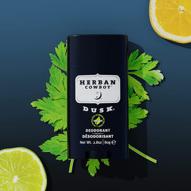 Herban Cowboy DUSK deodorant stick in focus for daily use.