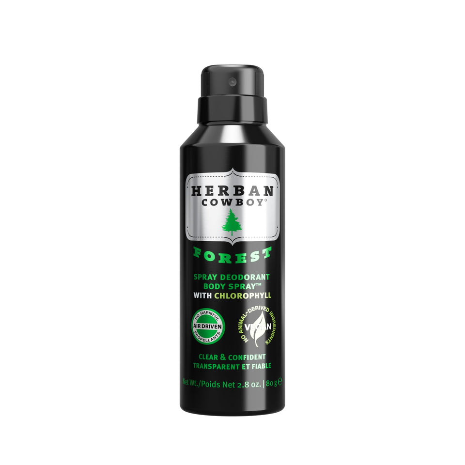 Herban Cowboy Forest bottle closeup shows herbal freshness