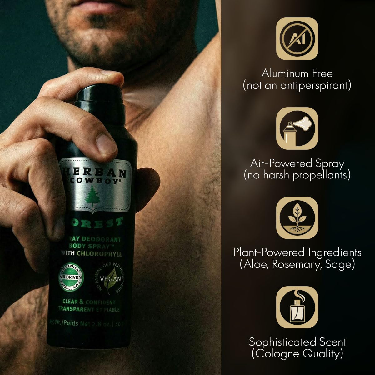 Herban Cowboy Forest bottle sideview highlights quick-dry formula