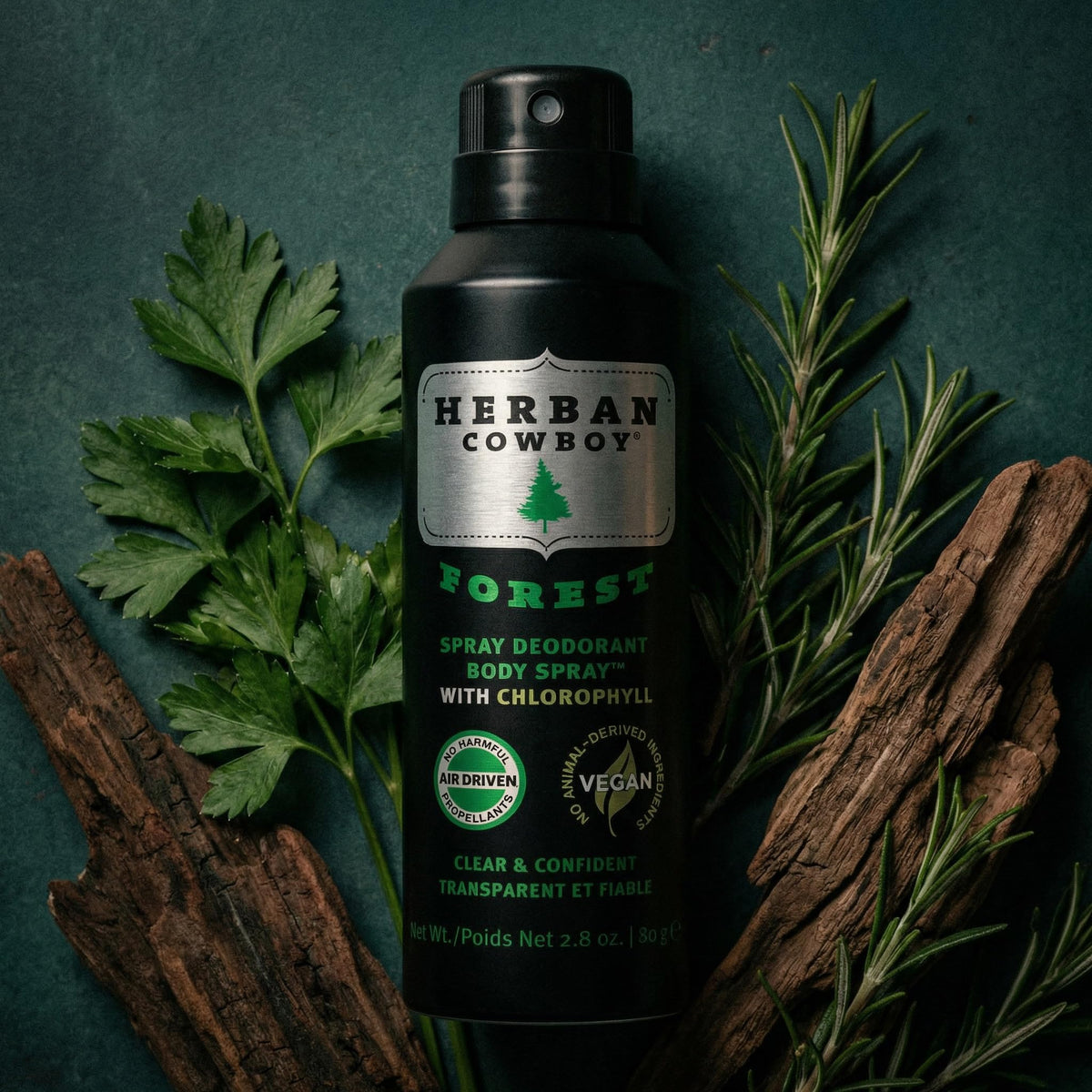 Herban Cowboy Forest packaging front emphasizes vegan and cruelty-free claims