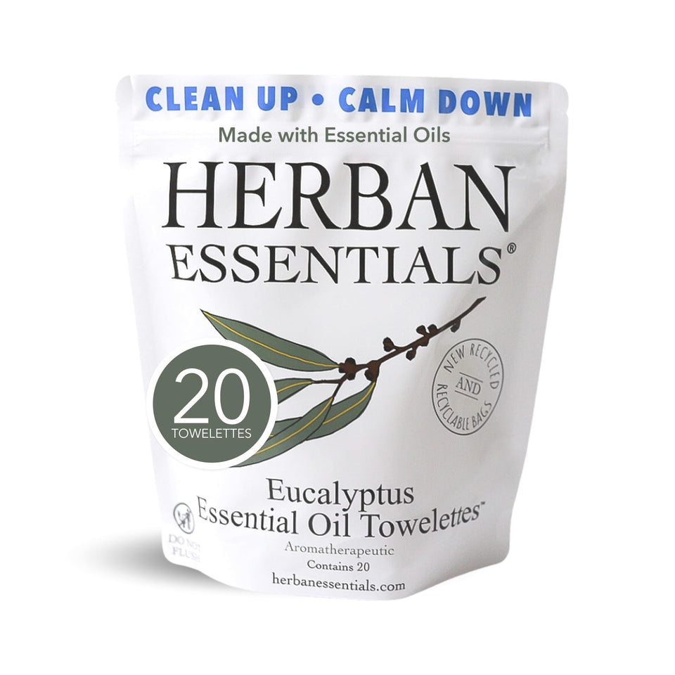 Herban Essentials eucalyptus wipes bottle for quick on-the-go cleansing.