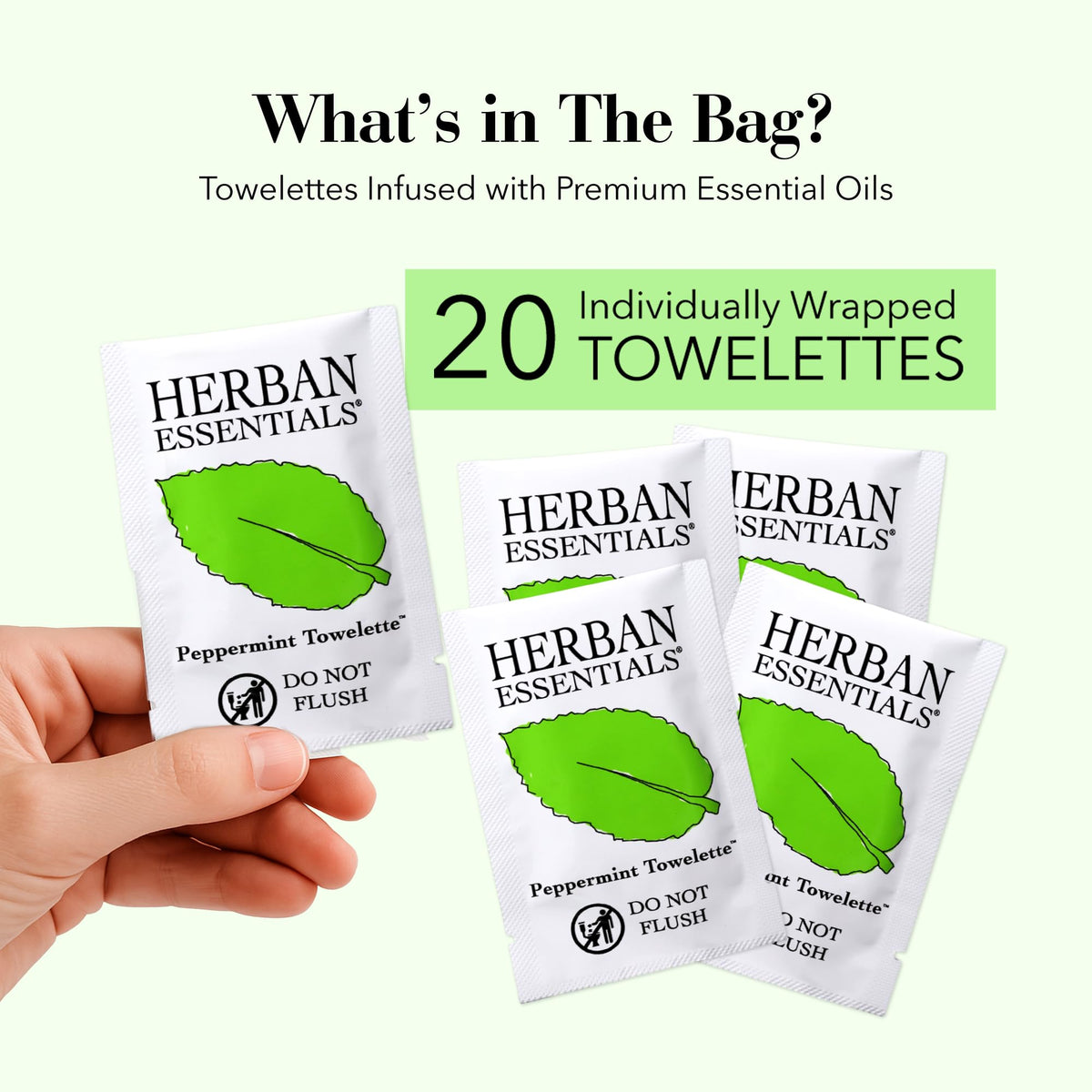 Individually wrapped Herban Essentials towelettes ready for travel.