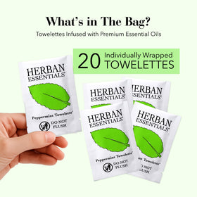 Individually wrapped Herban Essentials towelettes ready for travel.