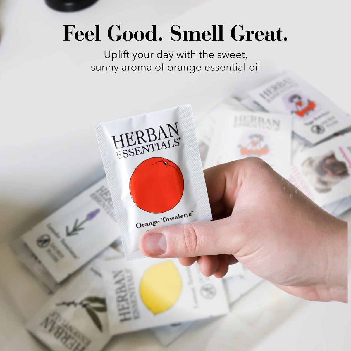 Herban Essentials orange wipes close-up of the resealable package.