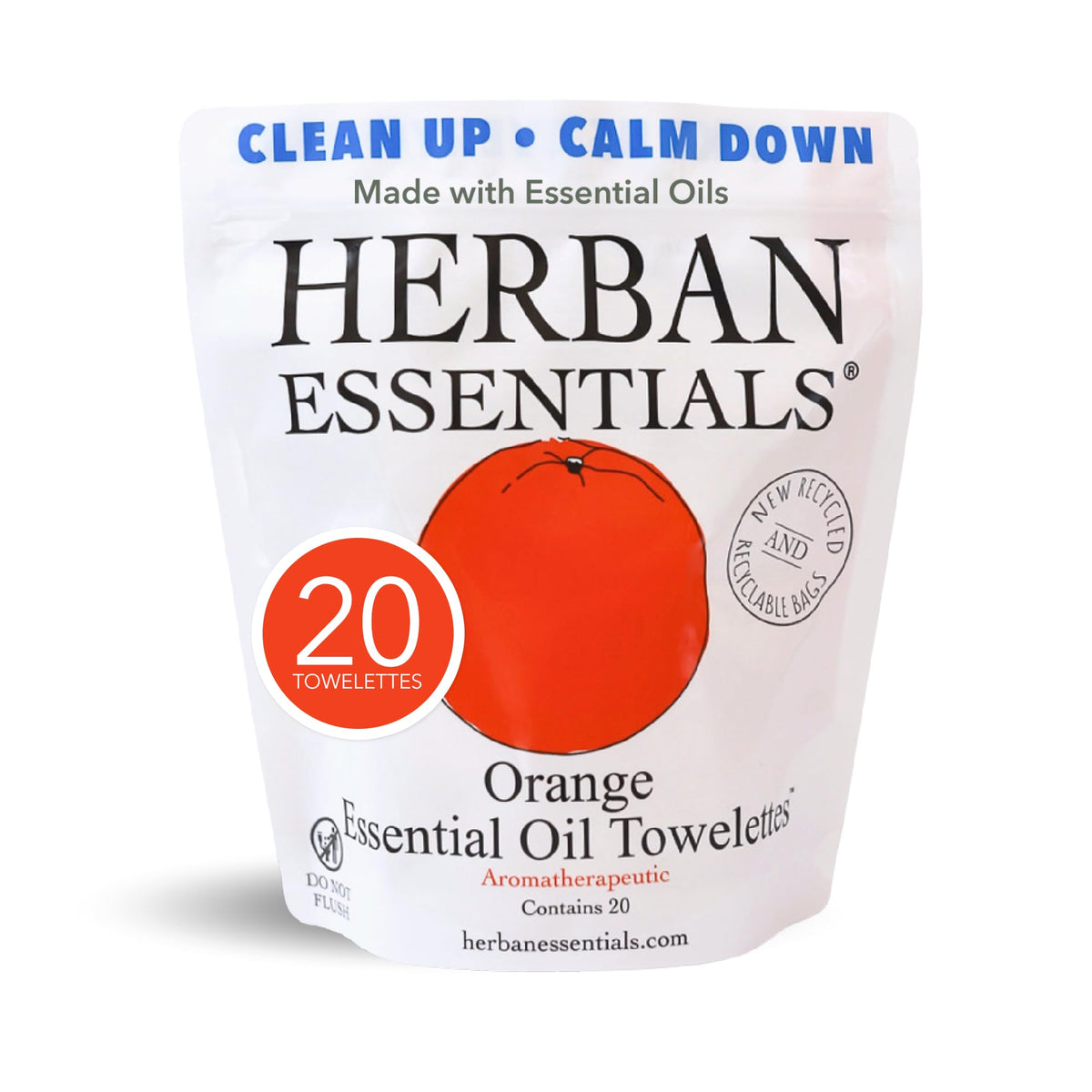 Herban Essentials orange wipes travel-size pouch for on-the-go cleansing.