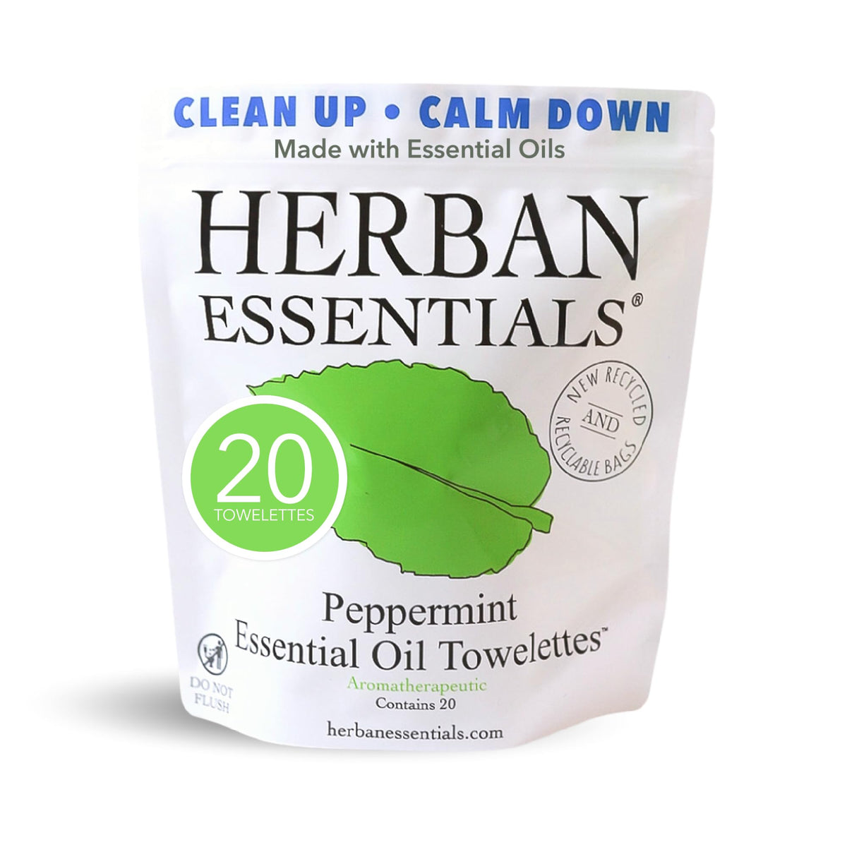 Herban Essentials peppermint wipes packet for quick on-the-go refreshment.