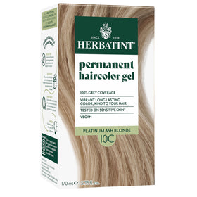 Herbatint 10C Platinum Ash Blonde bottle shows ammonia-free color for lasting gray coverage.