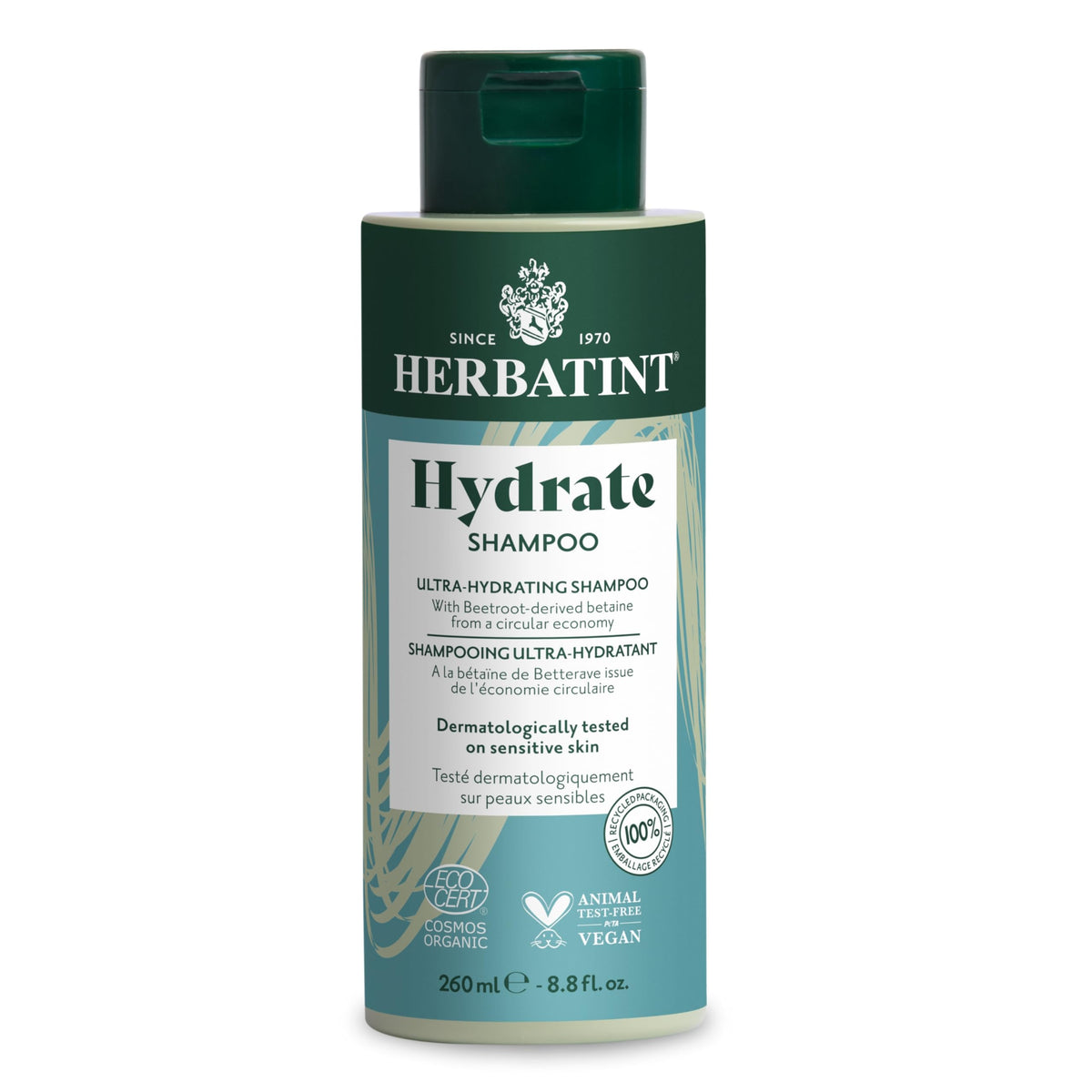 Herbatint Hydrate Shampoo bottle pour for deep hydration and smooth hair