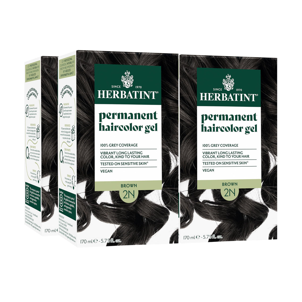 Herbatint Natural Series 2N brown bottle shows ammonia-free formula delivering natural, even color for resistant gray hair.