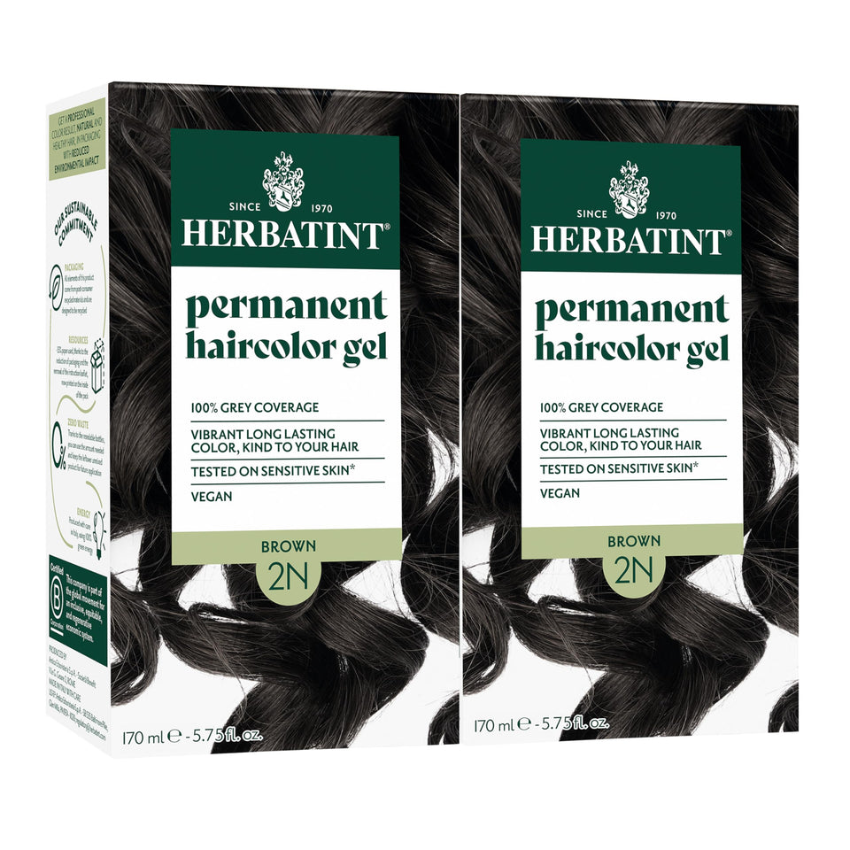 Herbatint 2N Brown bottle close-up shows ammonia-free formula for even gray coverage.
