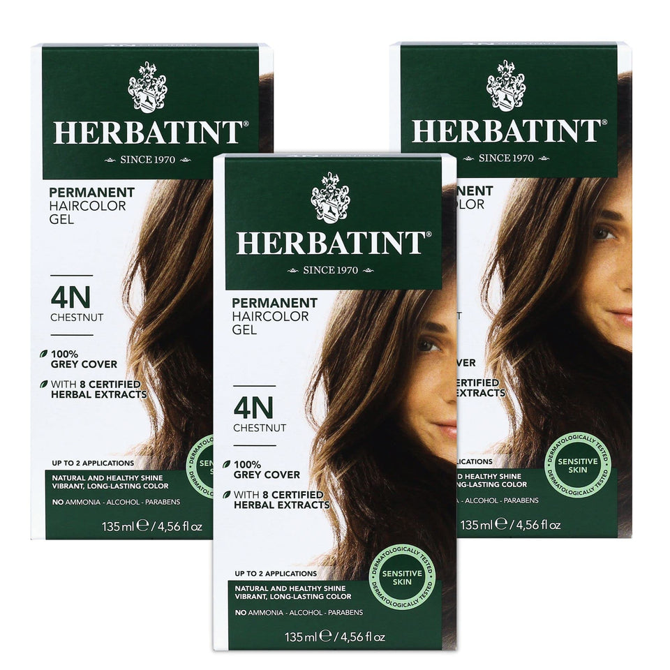 Herbatint 4N Chestnut bottle shows rich, even color for natural-looking grey coverage.