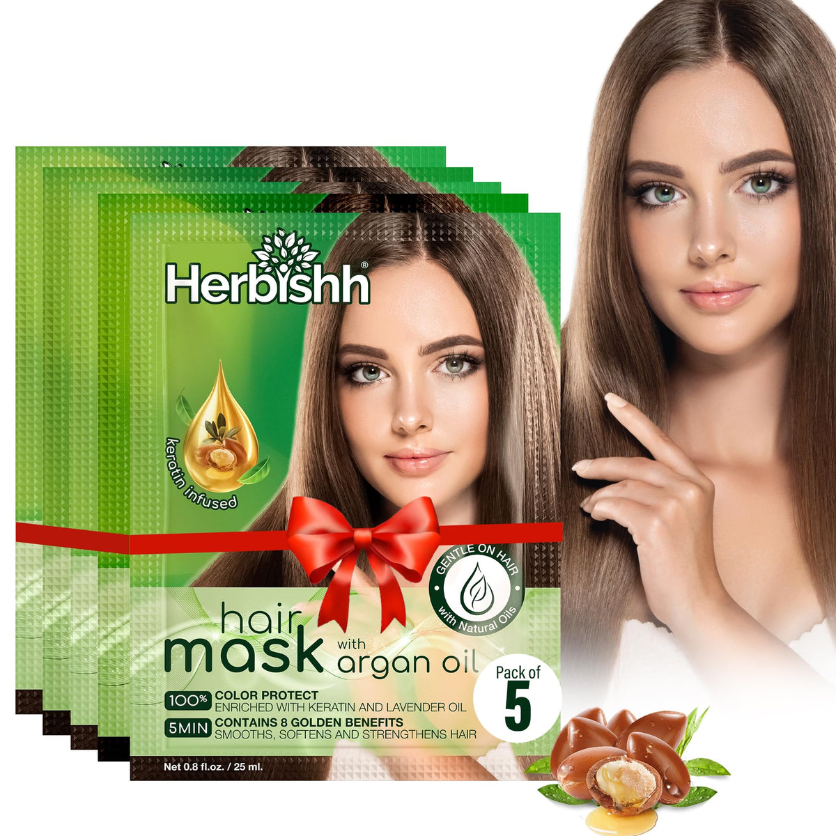 Herbishh Argan Hair Mask pack shot, travel-friendly 5x25ml for on-the-go conditioning