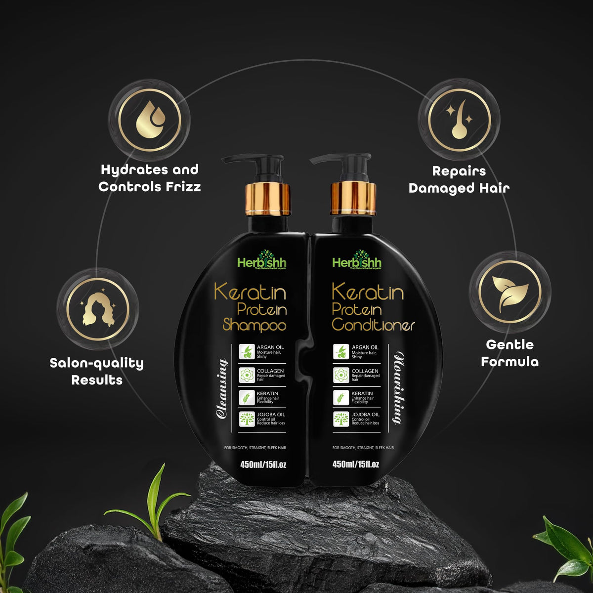 Argan oil and vitamin E rich conditioner highlight shine.