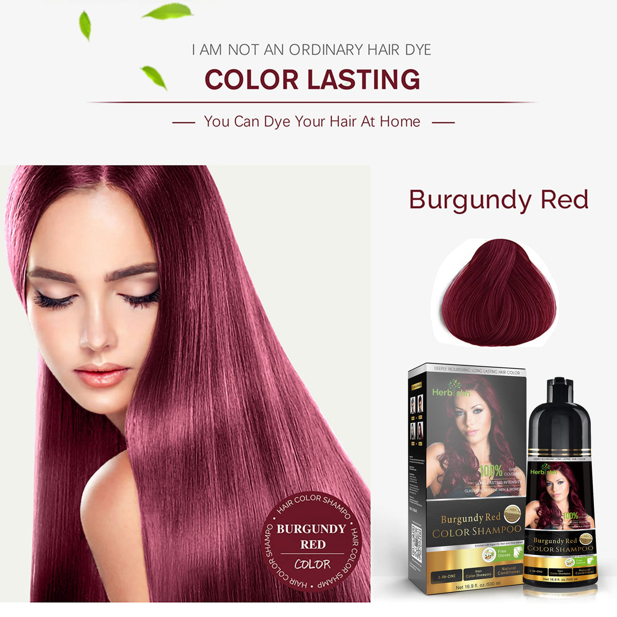 Herbishh Burgundy color shampoo after-use fresh look on hair.