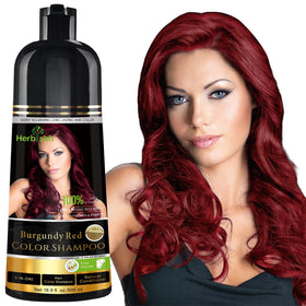 Herbishh Burgundy color shampoo bottle close-up showcasing rich gray coverage possibilities.